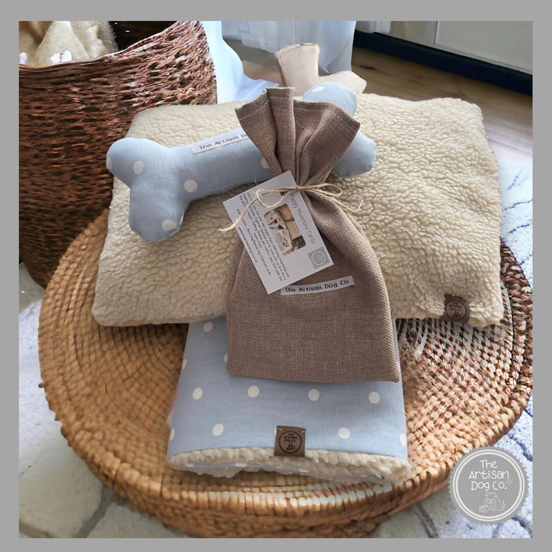 Gift Blue Spotty New Puppy Gift Set: Blanket, Cushion, Toy Bone & Milestone Cards