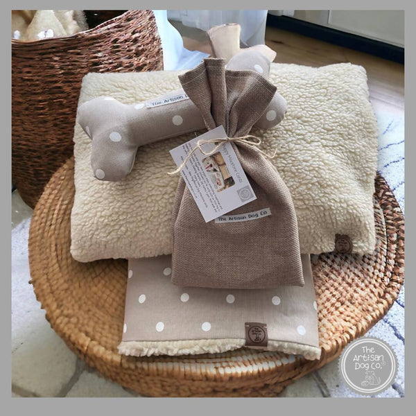 Gift Taupe Spotty New Puppy Gift Set: Blanket, Cushion, Toy Bone & Milestone Cards