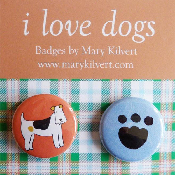 Mary Kilvert I Love Dogs Badges Fox Terrier and Paw Print
