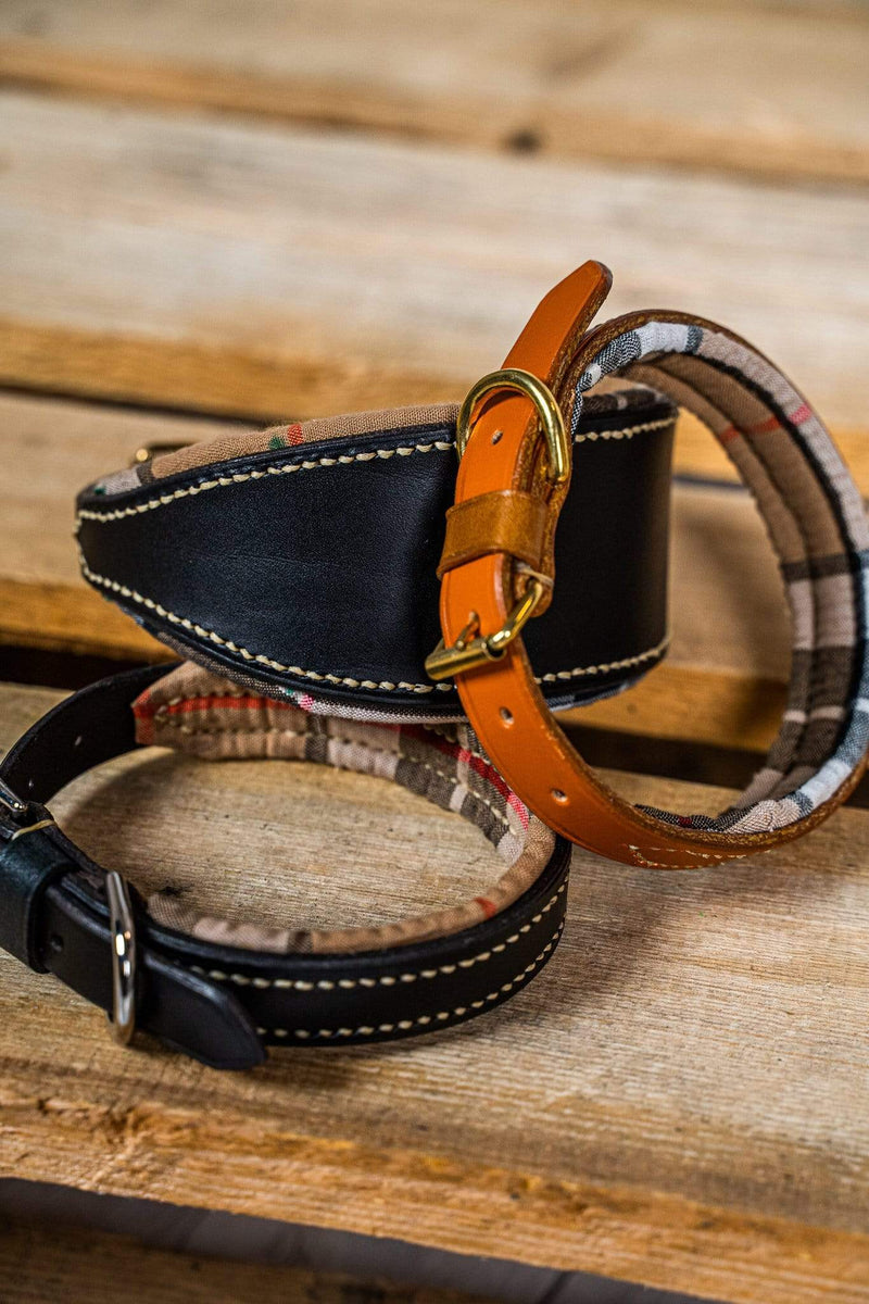 Dog Collar Thompson Camel Grey and Beige Tartan Leather Hound Dog Collar