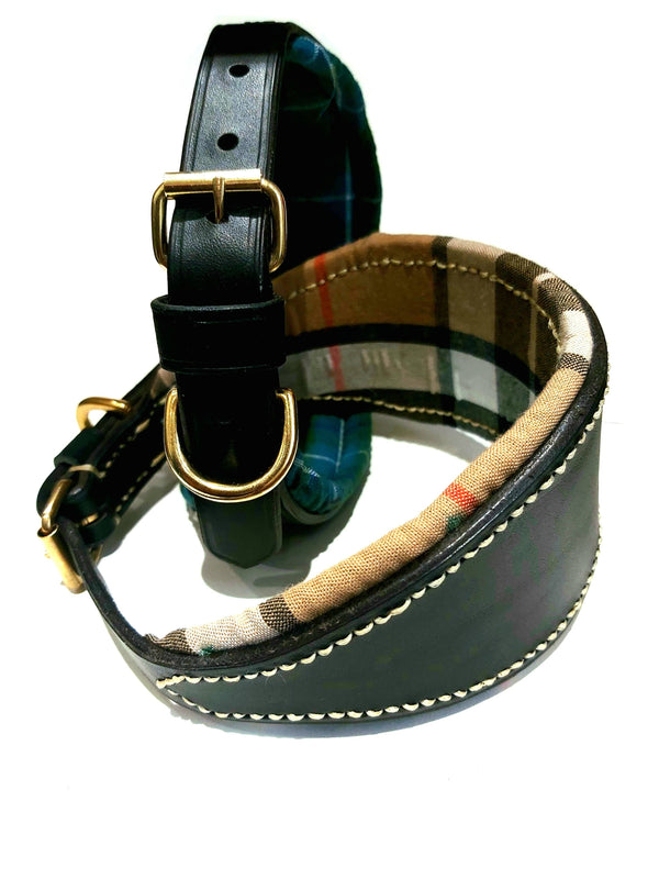 Dog Collar Thompson Camel Grey and Beige Tartan Leather Hound Dog Collar