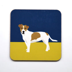 High gloss melamine cork backed coaster. Handmade in the UK, with a sustainably sourced Eucalyptus board base, a full melamine surface, with cork backing. 3.2mm thickness board Square with round corners. Size: 100mm x 100mm Made and printed in the UK. Coaster, Jack Russell, The Dog Collection