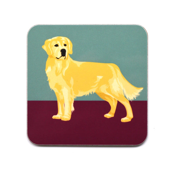High gloss melamine cork backed coaster. Handmade in the UK, with a sustainably sourced Eucalyptus board base, a full melamine surface, with cork backing. 3.2mm thickness board Square with round corners. Size: 100mm x 100mm Made and printed in the UK. Coaster, Golden Retriever, The Dog Collection