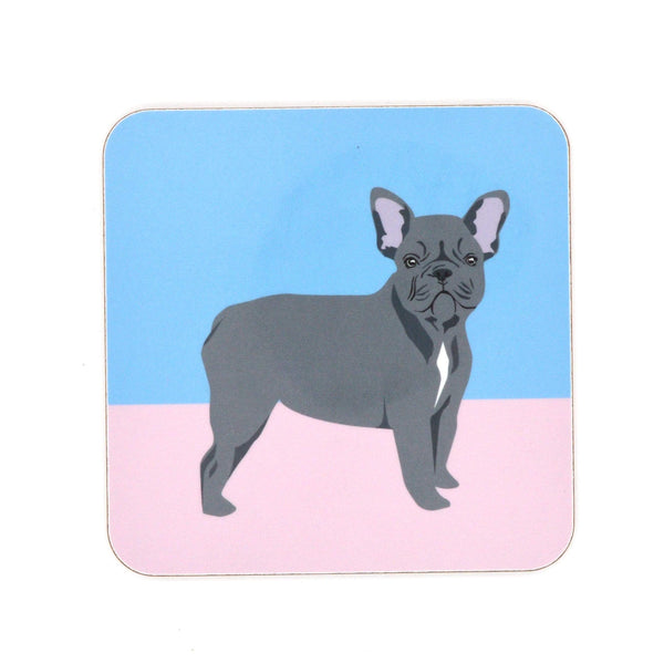 High gloss melamine cork backed coaster. Handmade in the UK, with a sustainably sourced Eucalyptus board base, a full melamine surface, with cork backing. 3.2mm thickness board Square with round corners. Size: 100mm x 100mm Made and printed in the UK. Coaster, French Bulldog, The Dog Collection