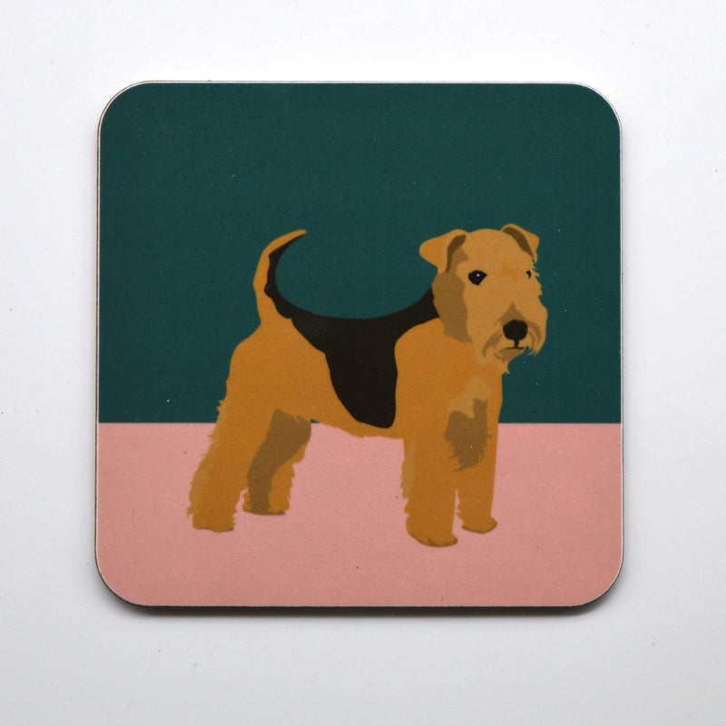 High gloss melamine cork backed coaster. Handmade in the UK, with a sustainably sourced Eucalyptus board base, a full melamine surface, with cork backing. 3.2mm thickness board Square with round corners. Size: 100mm x 100mm Made and printed in the UK. Coaster, Lakeland Terrier, The Dog Collection