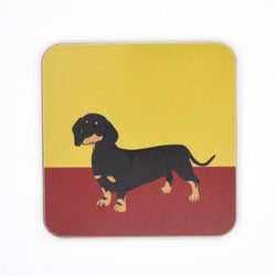 High gloss melamine cork backed coaster. Handmade in the UK, with a sustainably sourced Eucalyptus board base, a full melamine surface, with cork backing. 3.2mm thickness board Square with round corners. Size: 100mm x 100mm Made and printed in the UK. Coaster, Daschund, The Dog Collection