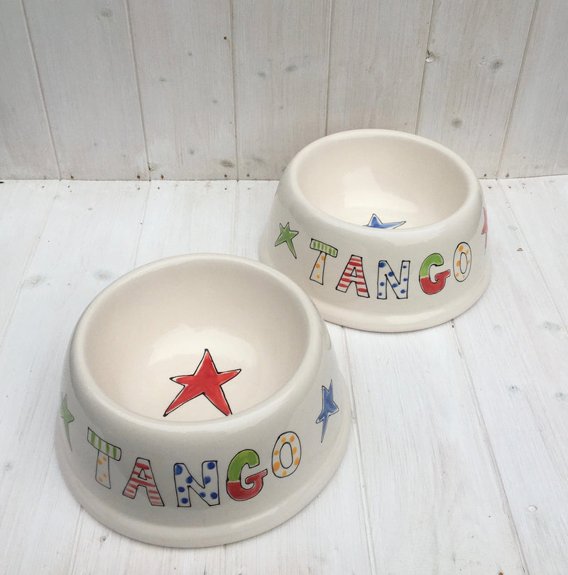 Dog Bowl Funky Name & Stars / Small angled Personalised Dog Bowl
