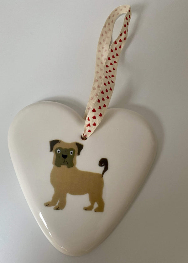Hanging Fine Bone China Heart with Pug Motif