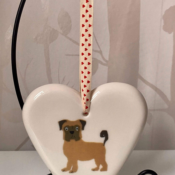 Hanging Fine Bone China Heart with Pug Motif