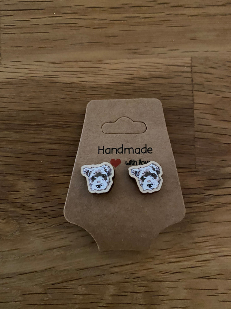 Wooden Terrier Dog Stud Earrings